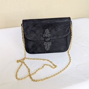 Vintage 80s Talbots Black Suede Leather Evening Bag – Made in Korea – Gold Chain